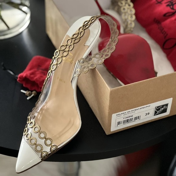 Christian Louboutin WhiteGold CircleP MALAIKA 100 PATENT Slingback Pumps EU 39 - Picture 2 of 9
